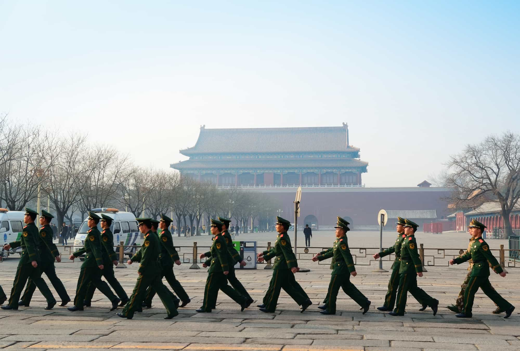 Soldiers walk through Tiananmen Square, Beijing, China