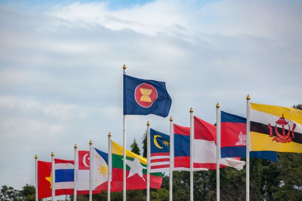 ASEAN flag flying above the flags of Southeast Asian nations