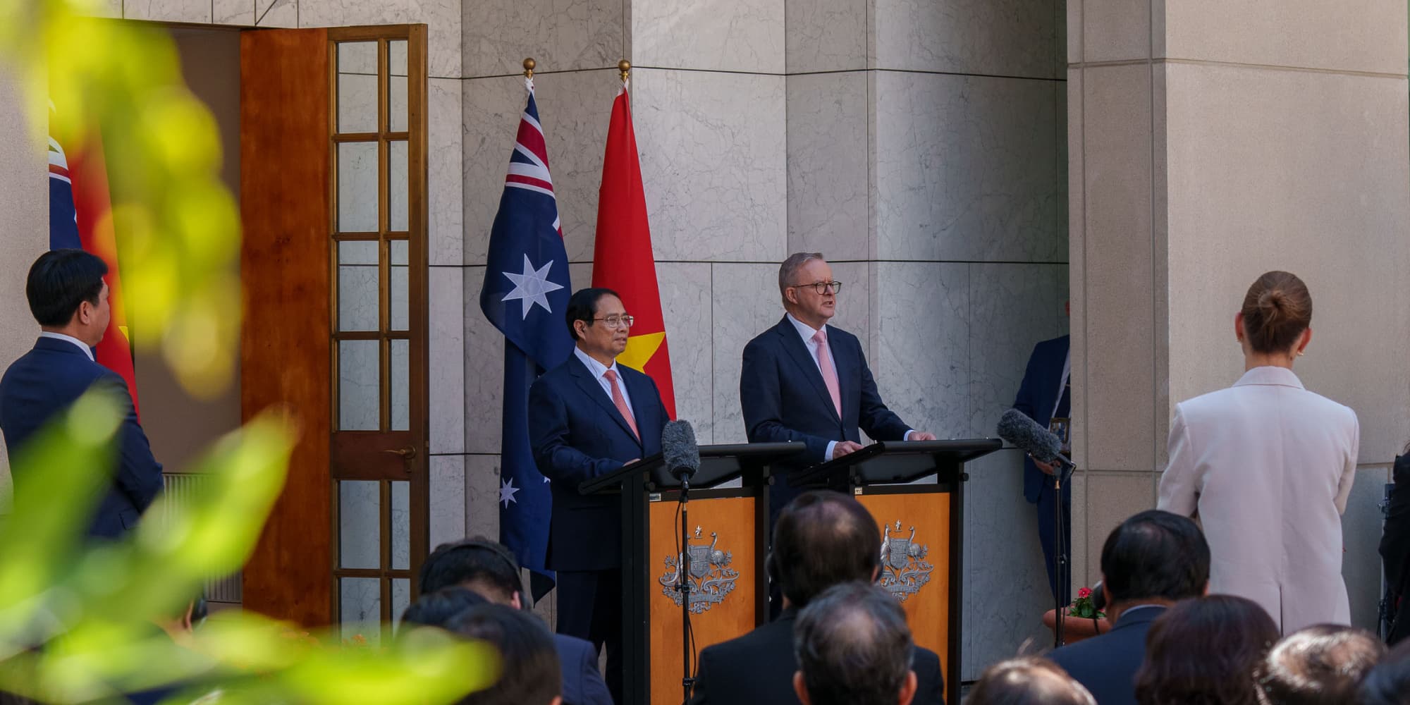 Australia’s Anthony Albanese and Vietnam’s Phạm Minh Chính address reporters following the signing of a comprehensive strategic partnership