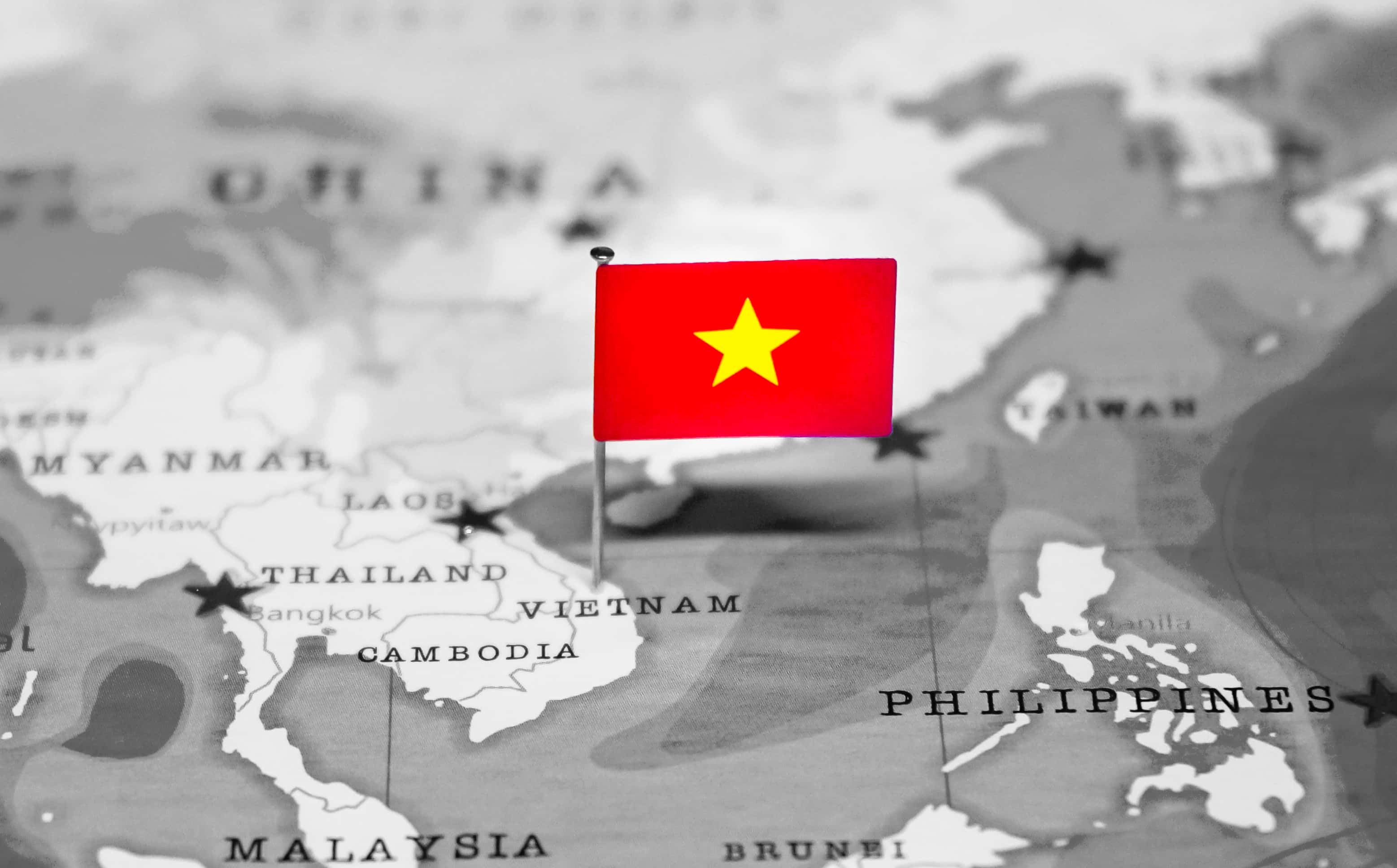 The Vietnam flag marked on a map of Asia