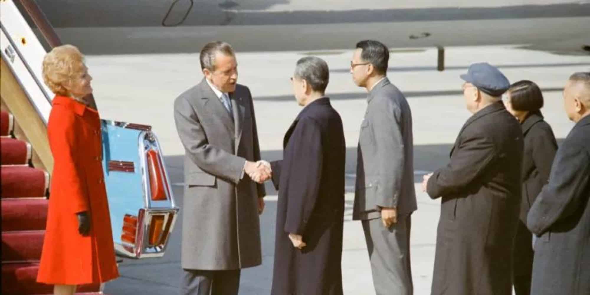US President Richard Nixon shakes hands with Premier of the People's Republic of China En-Lai Chou