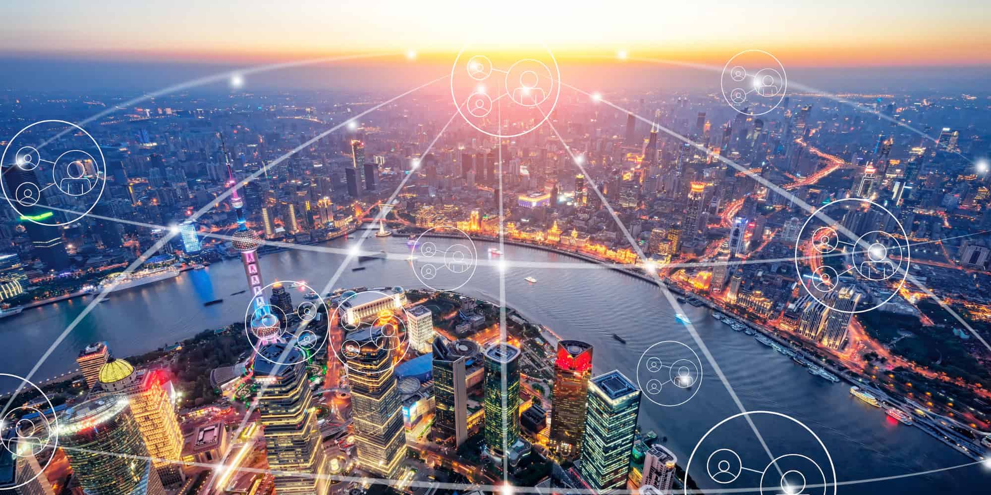 Aerial view of a city with a network of connections