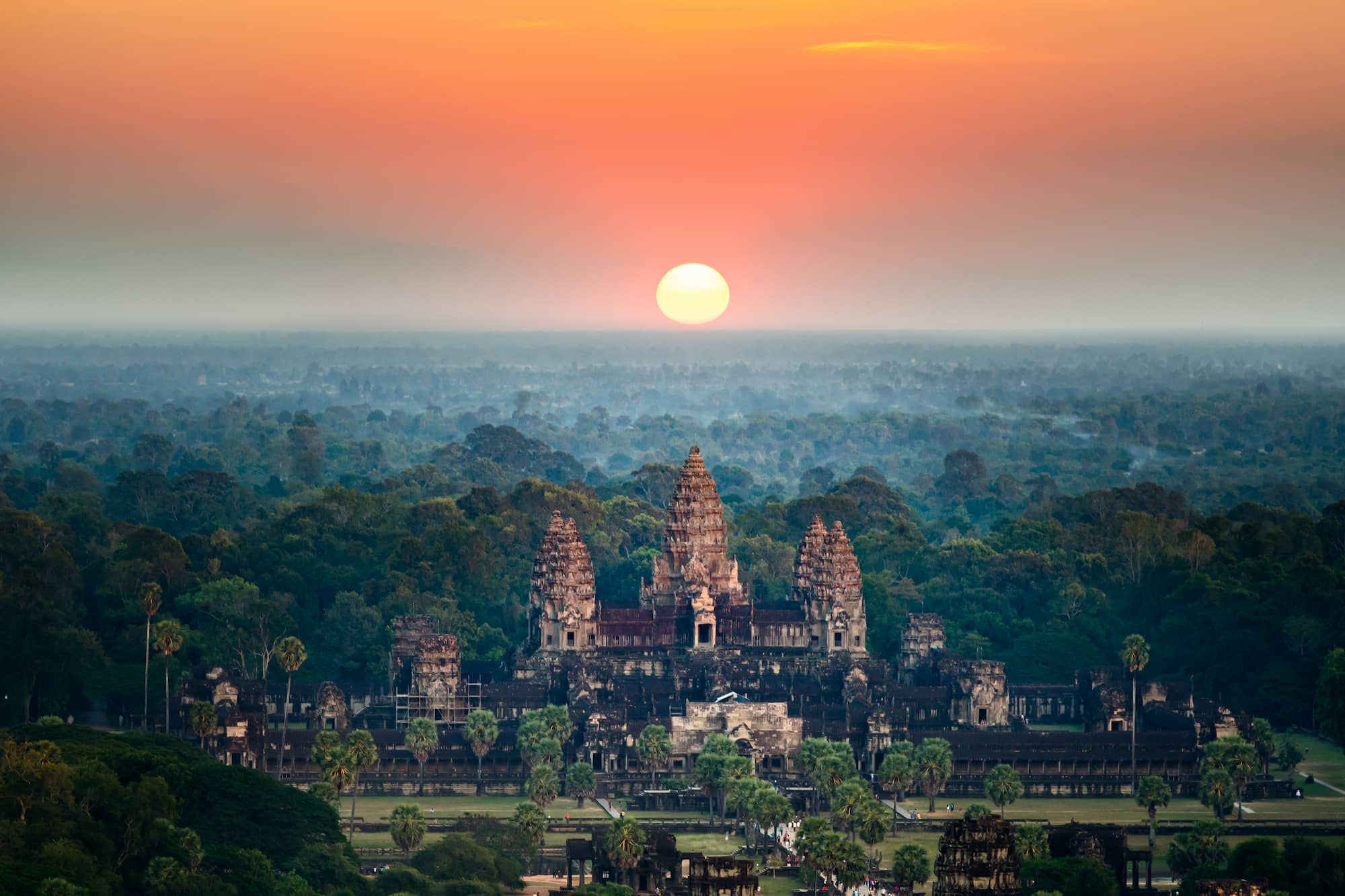 Aerial view of Angkor Wat at sunrise