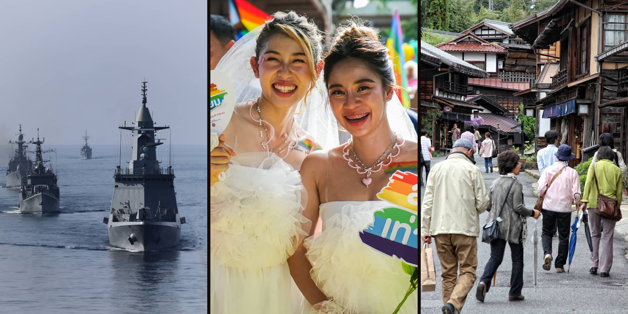 A collage featuring various article banners