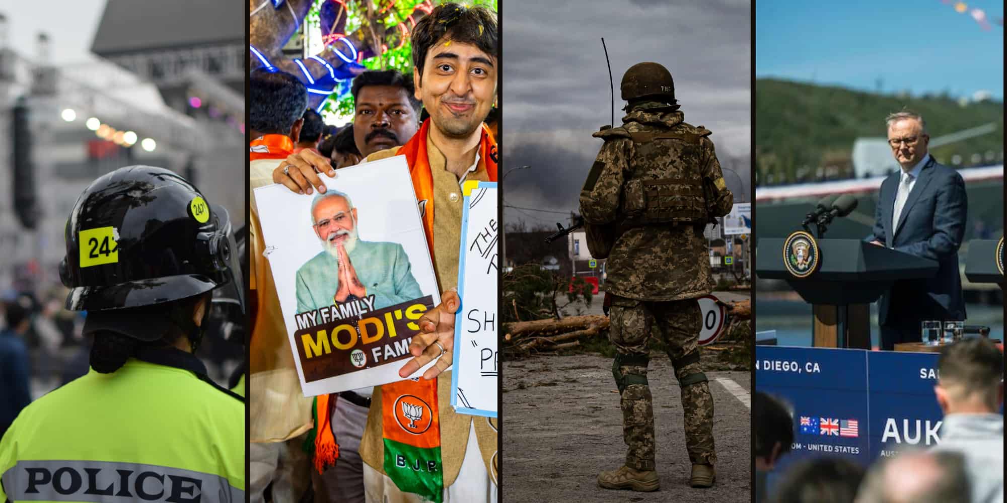 A collage featuring various article banners