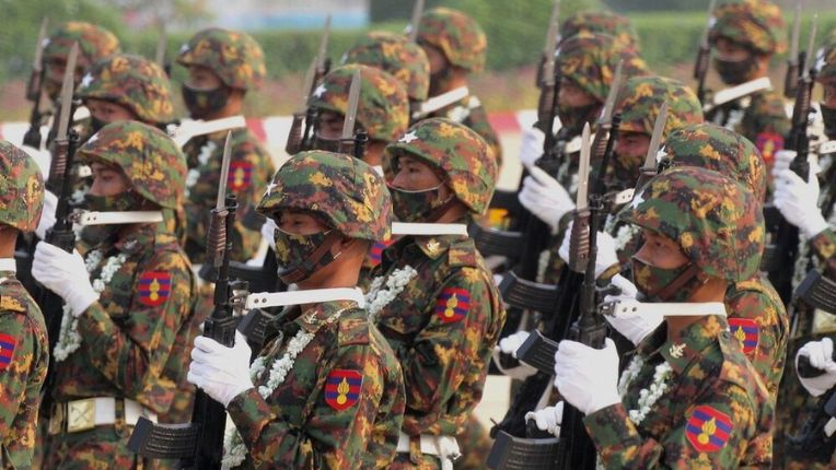 Tatmadaw personnel march in Armed Forces Day parade