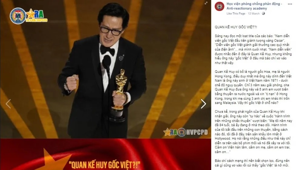Screenshot of a Facebook post that refutes any reference to Ke Huy Quan as a “Vietnamese-American” uploaded by Anti-reactionary Academy, a Vietnamese pro-government Facebook group