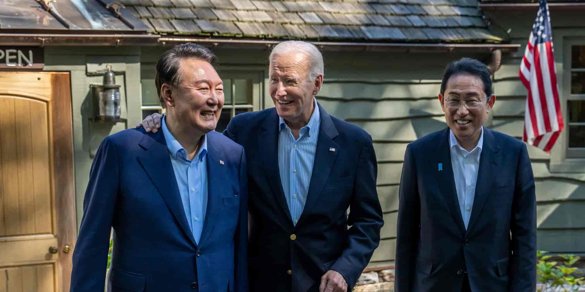South Korean President Yoon Suk Yeol and Japanese Prime Minister Fumio Kishida, meeting with US President Joe Biden at Camp David