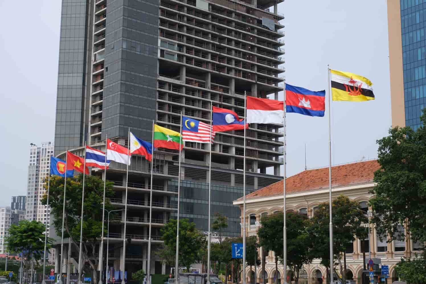 The flags of ASEAN and ten countries of ASEAN in Ho Chi Minh City, Vietnam