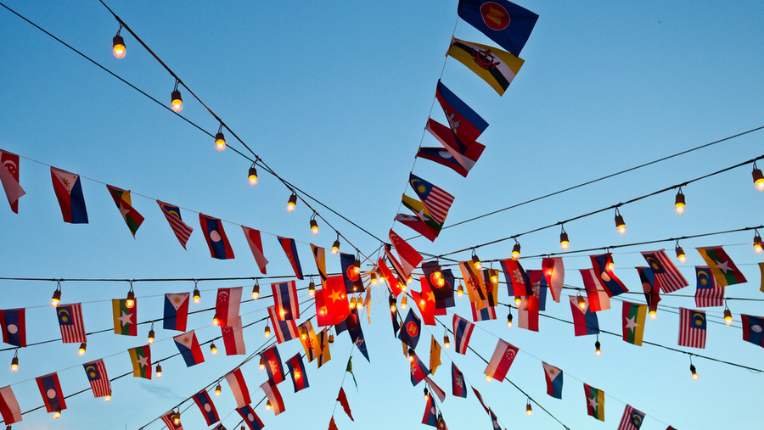 ASEAN flags with sky background