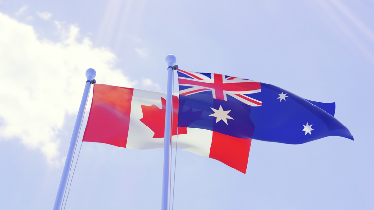 australia canada flags flying
